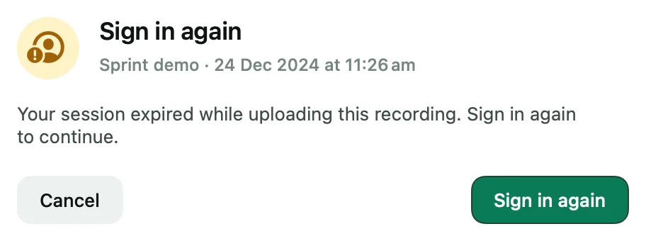 An upload recovery sheet asking you to sign in again so the upload can continue.
