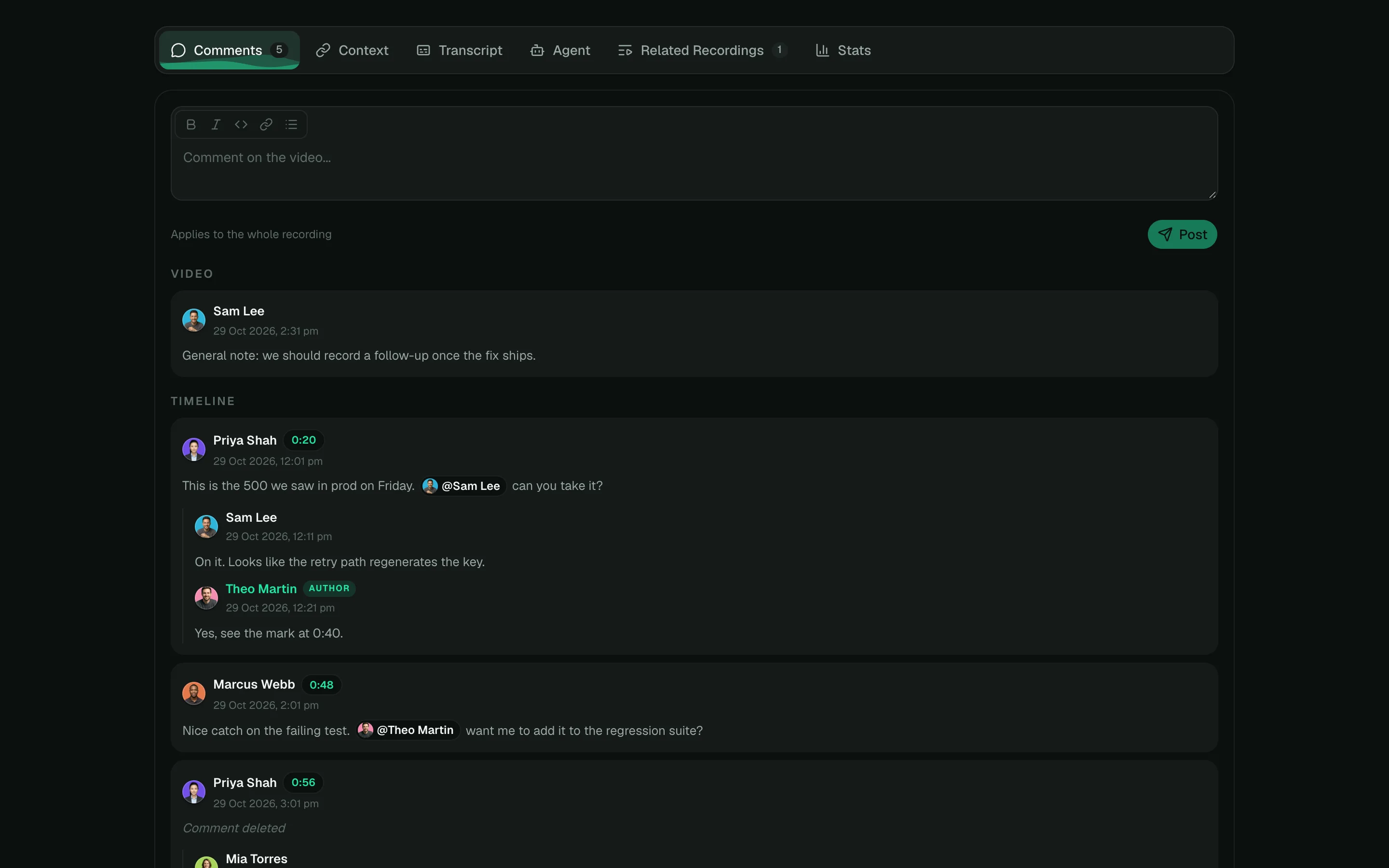 The Comments tab with a thread, a reply and a resolved comment.