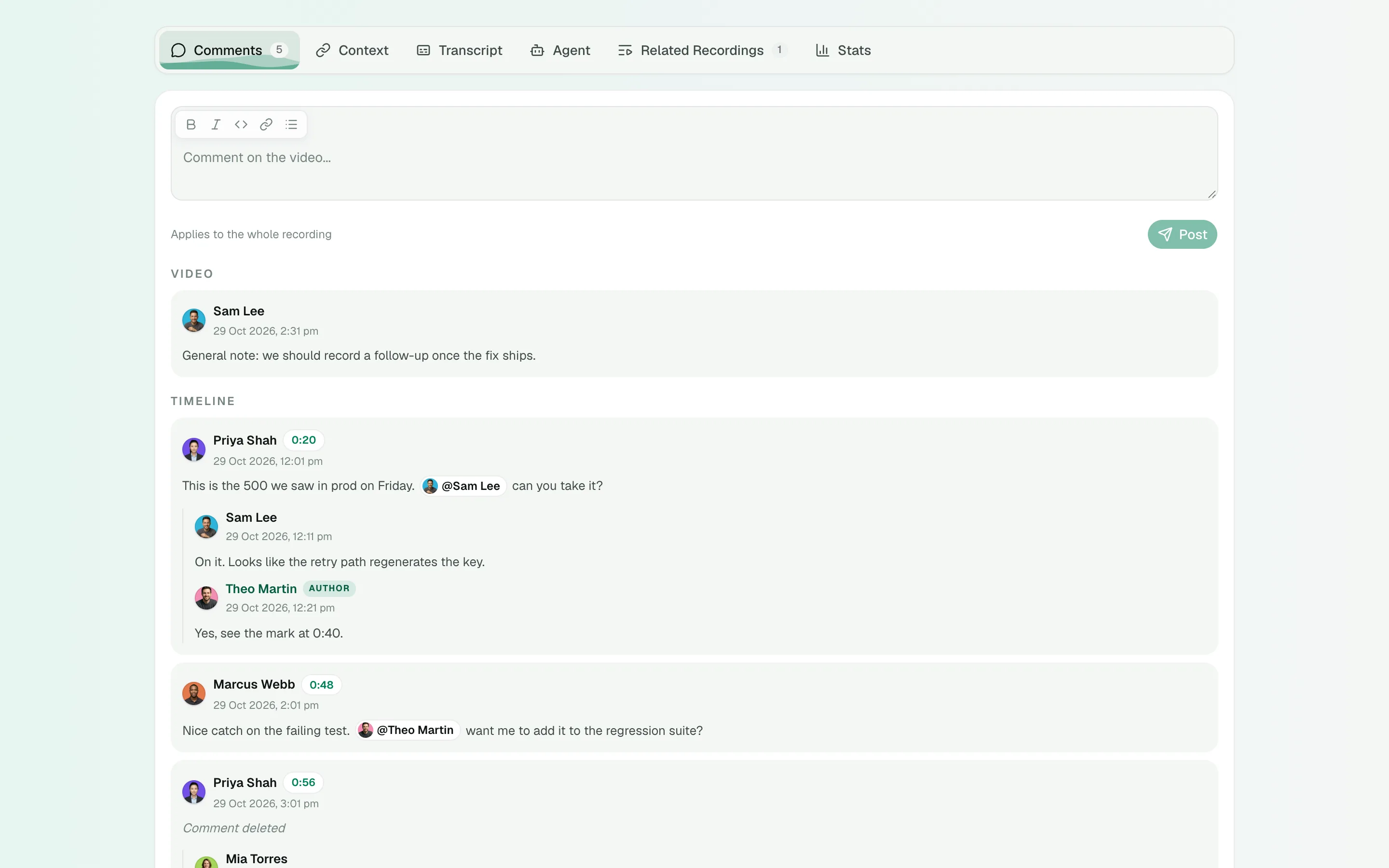 The Comments tab with a thread, a reply and a resolved comment.