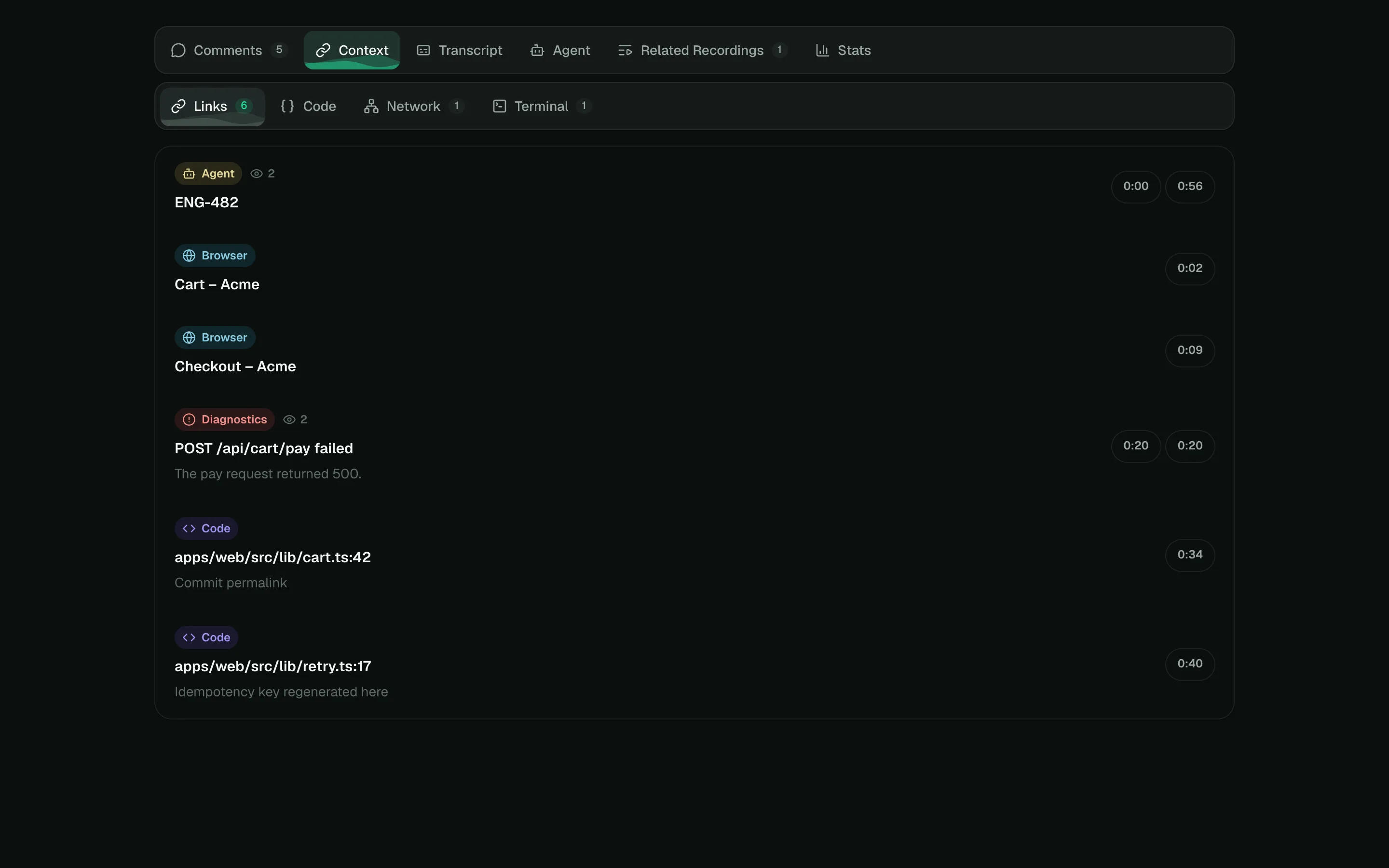 The Context tab listing the pages and links captured during the recording.