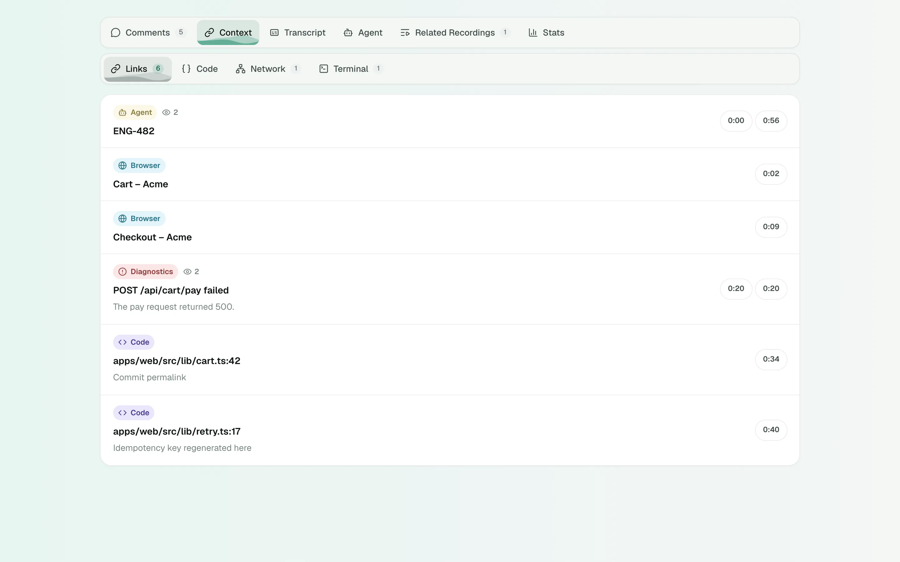 The Context tab listing the pages and links captured during the recording.
