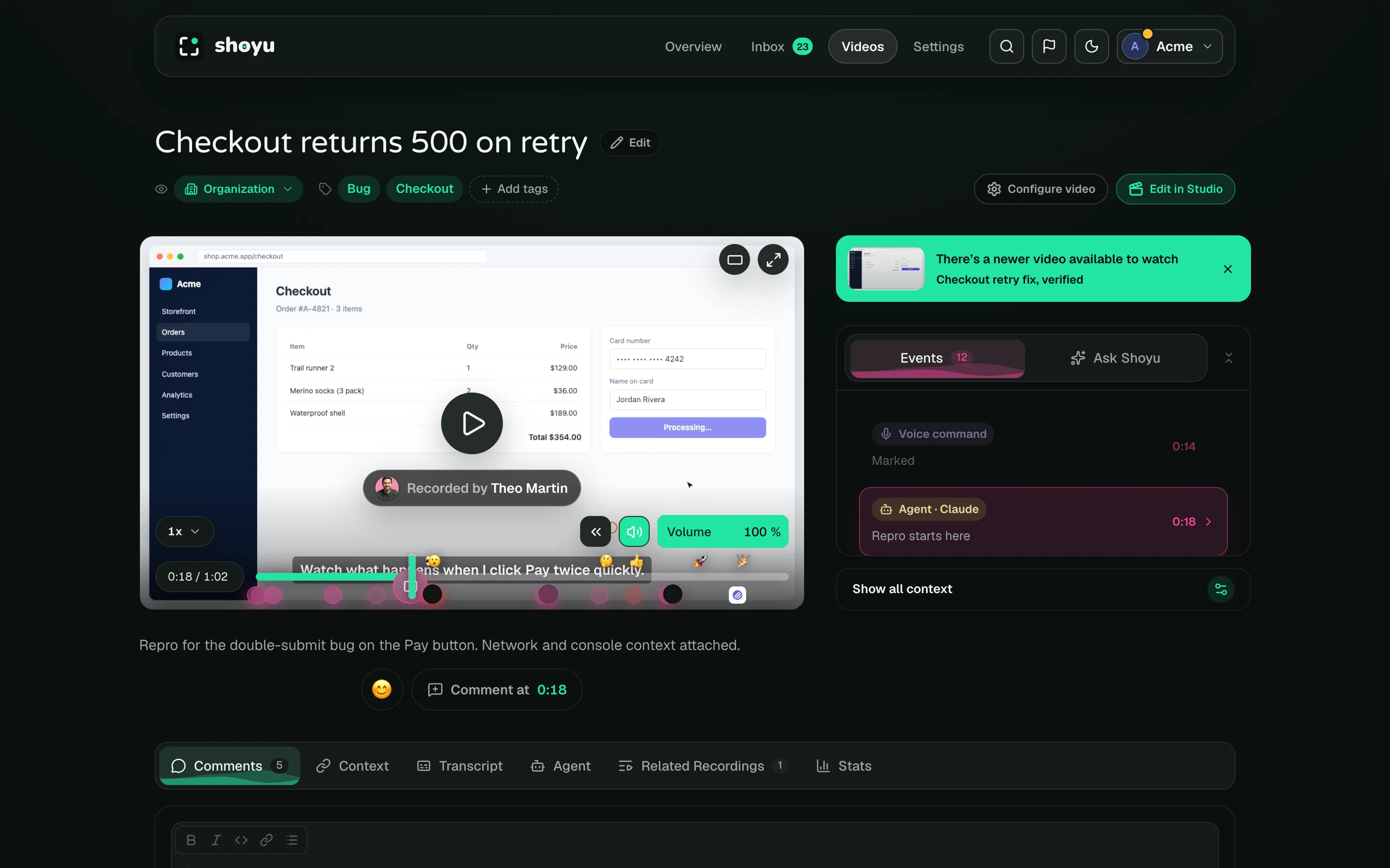 A recording on its Playback page, with the player, the Events rail and the tabs below.