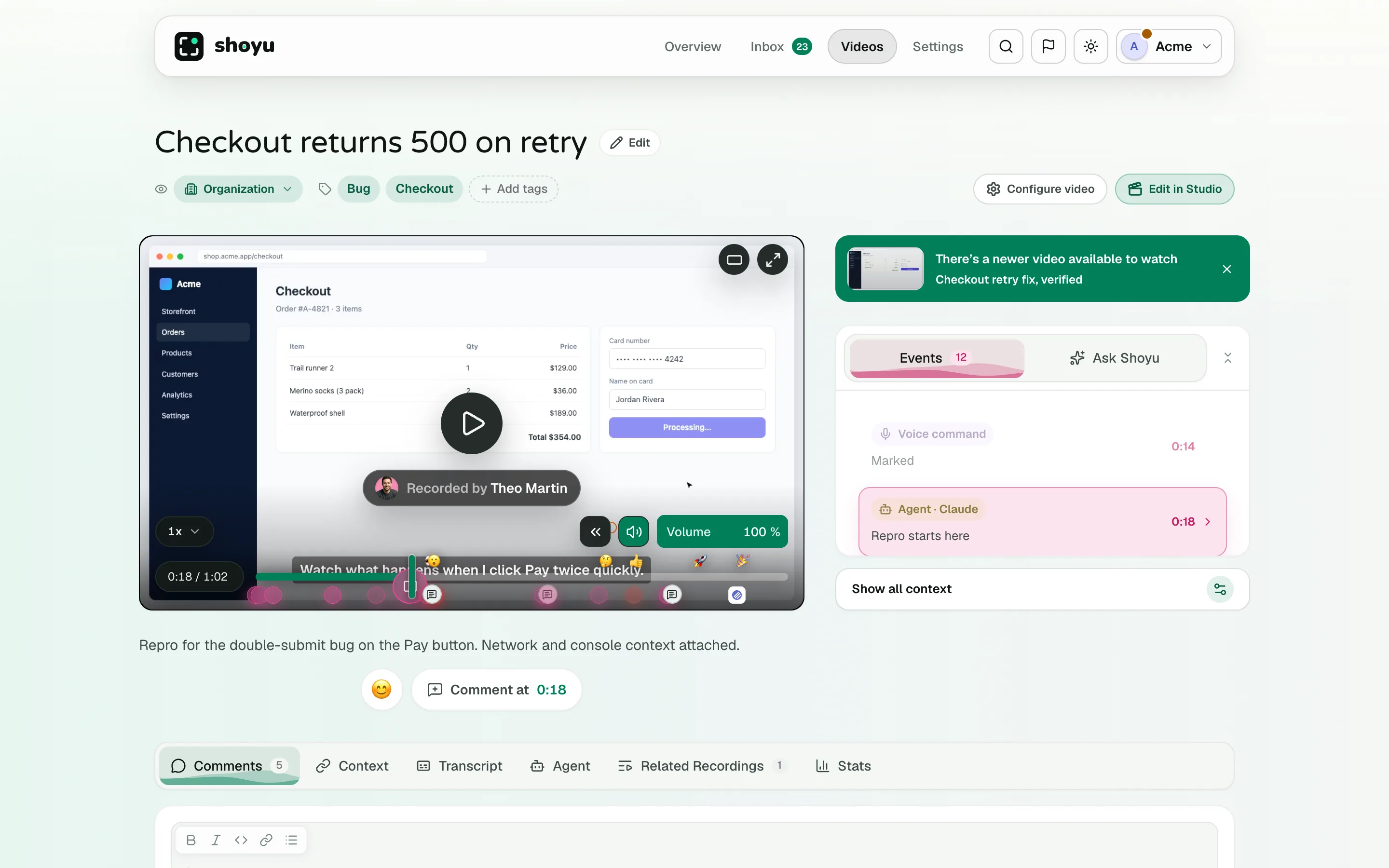A recording on its Playback page, with the player, the Events rail and the tabs below.