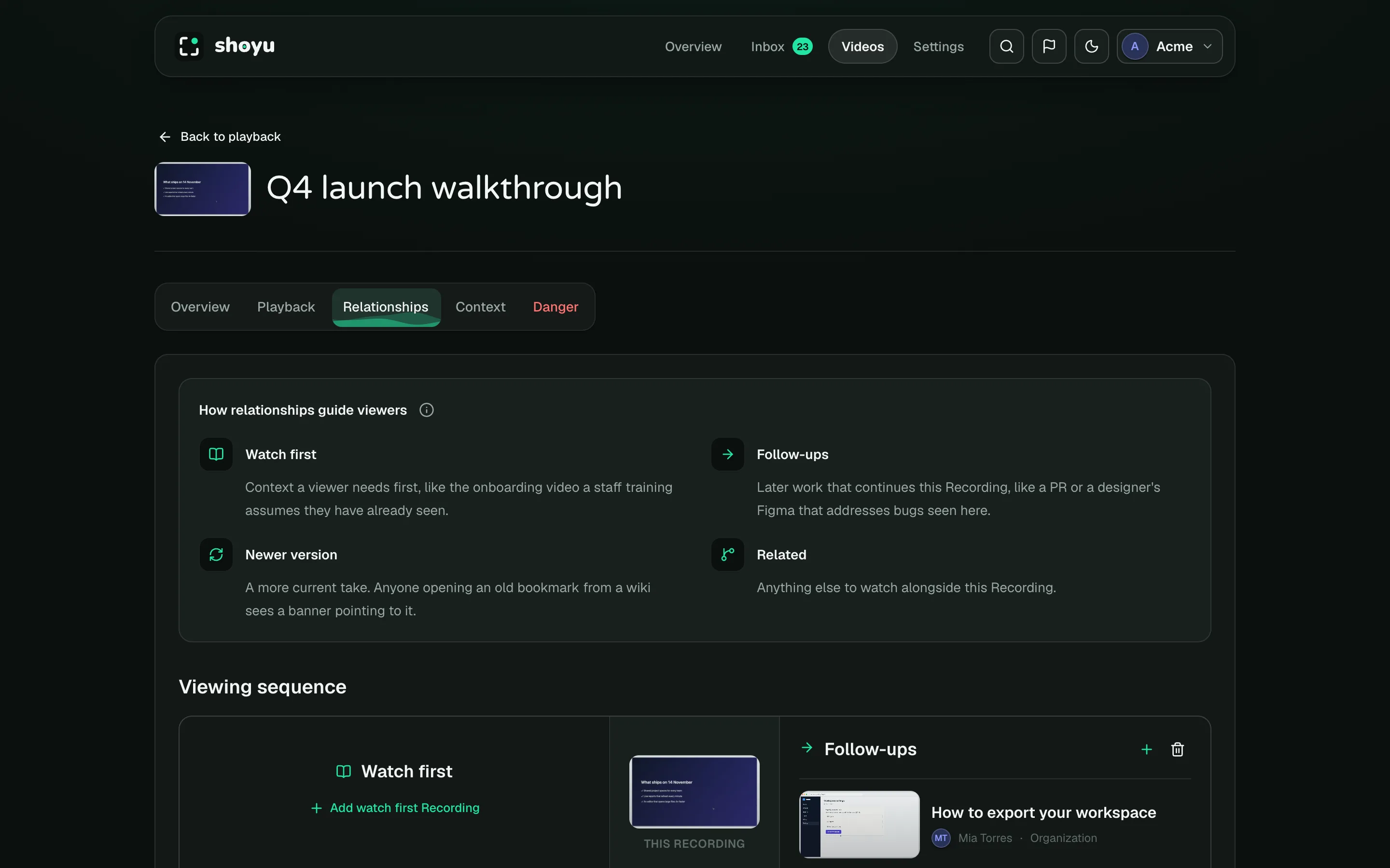 Playback settings, Relationships tab, with Watch first, Follow-ups, Newer version and Related.