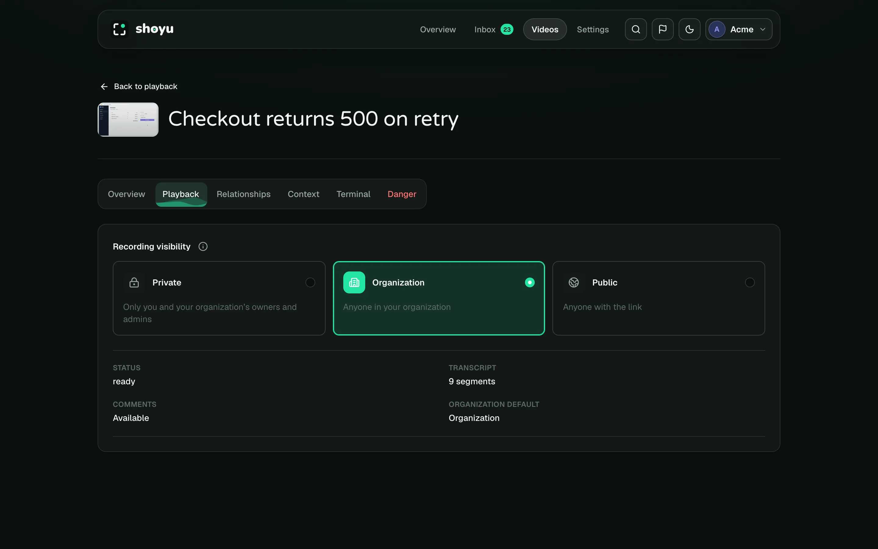 Playback settings, Playback tab, with Private, Organization and Public visibility.