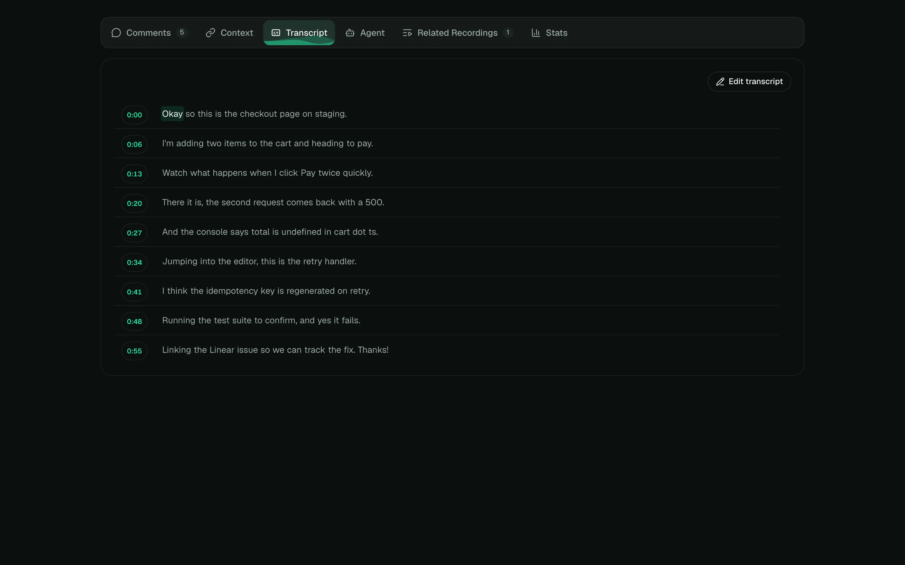 The Transcript tab, each line starting with a clickable time.