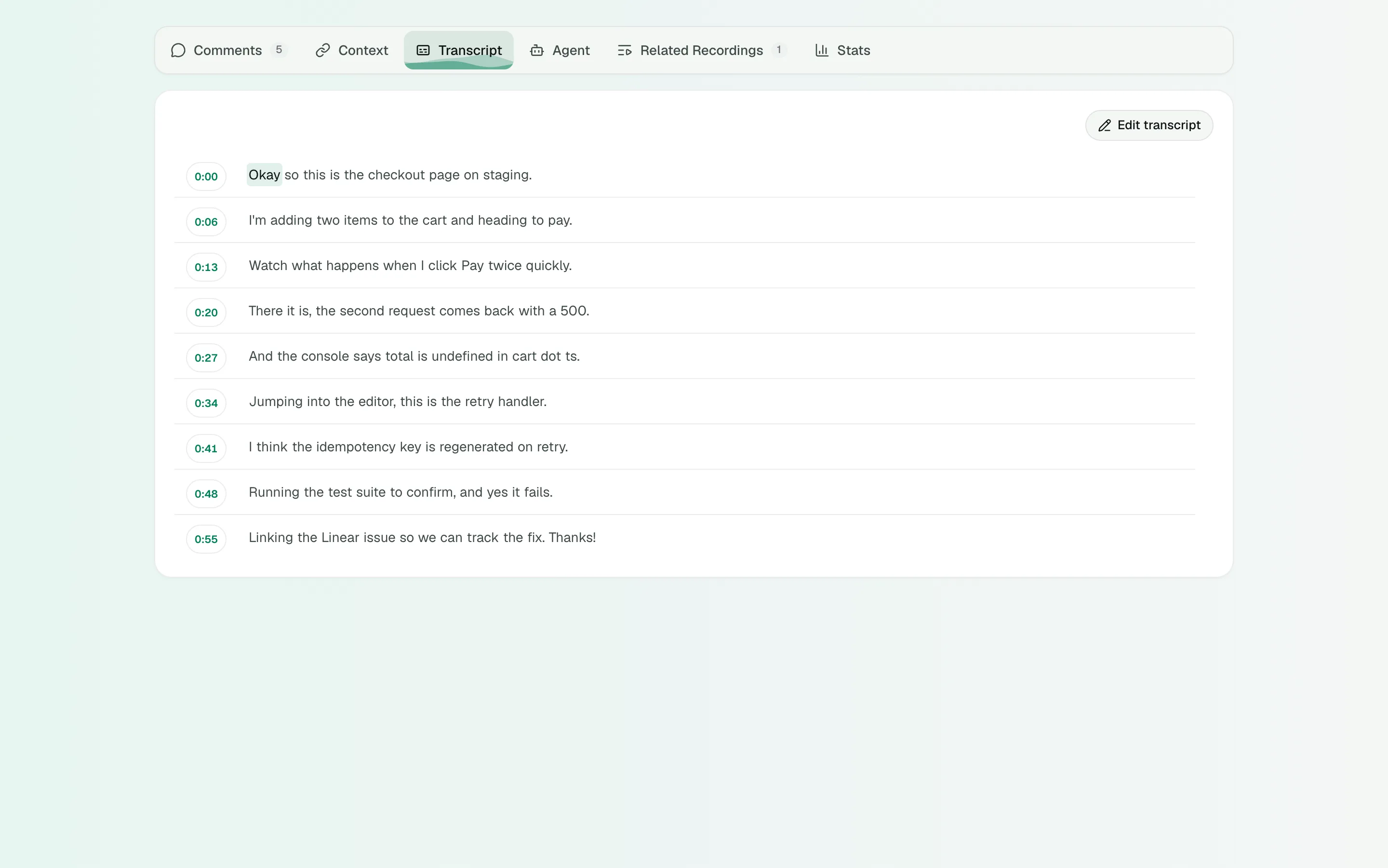 The Transcript tab, each line starting with a clickable time.