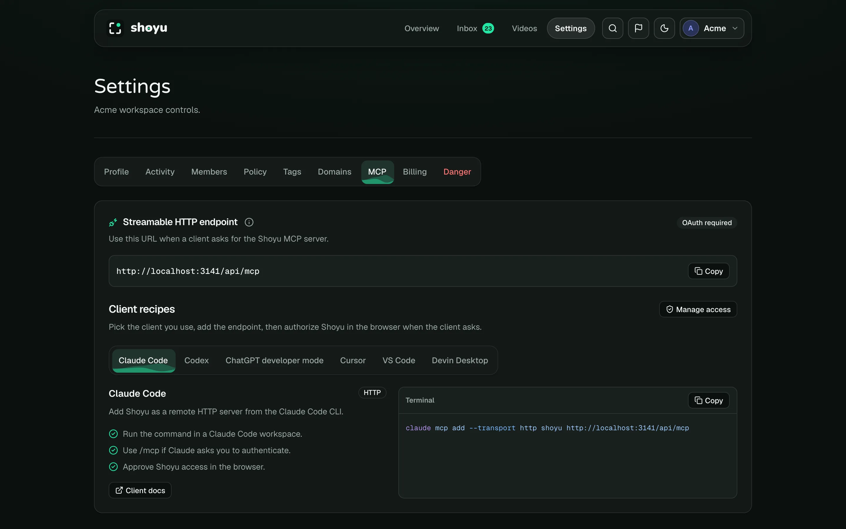 Settings › MCP with the endpoint, a copy button and client recipes.