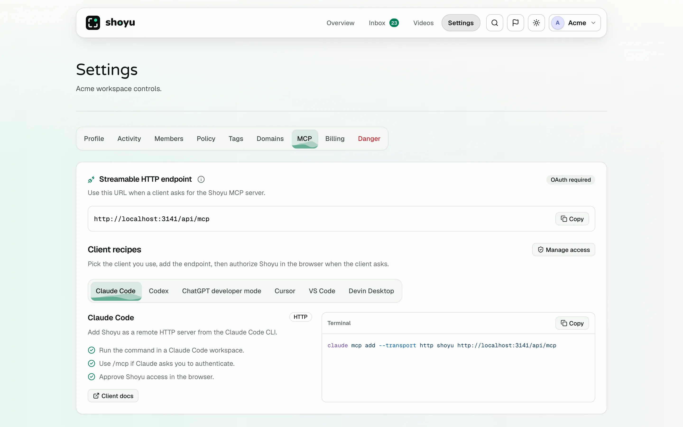 Settings › MCP with the endpoint, a copy button and client recipes.
