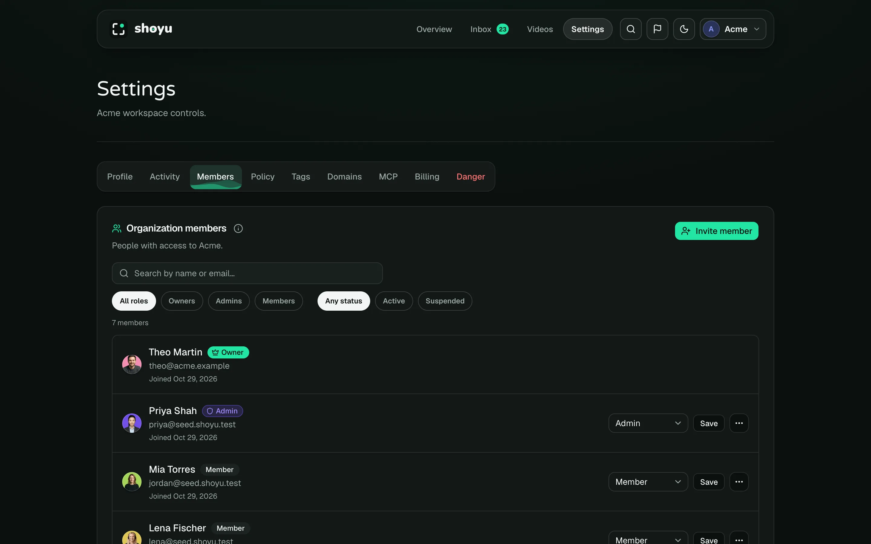 Settings › Members with roles, statuses and the Invite member button.
