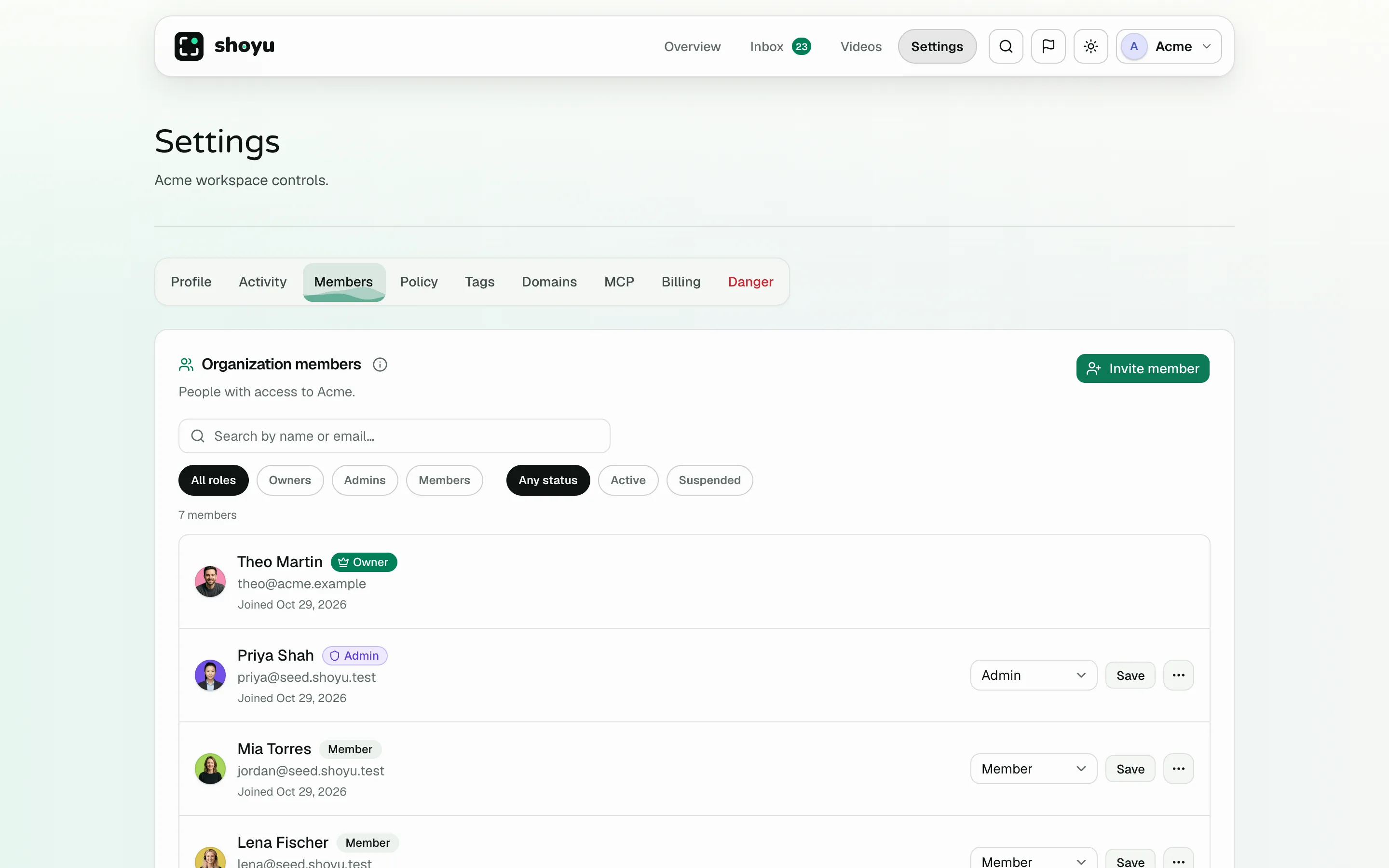 Settings › Members with roles, statuses and the Invite member button.