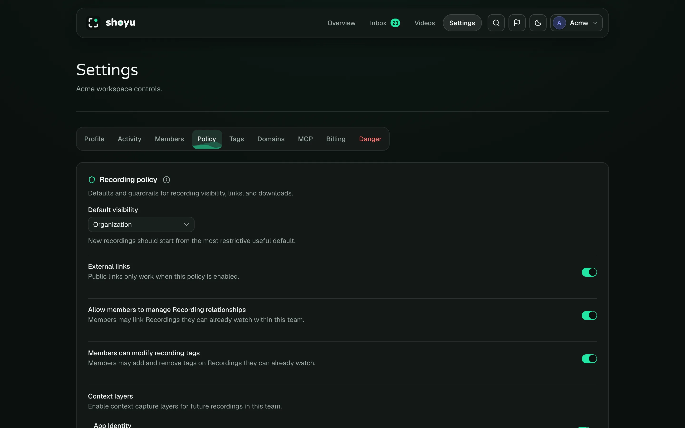 Settings › Policy with default visibility, external links, context layers and MCP Access.