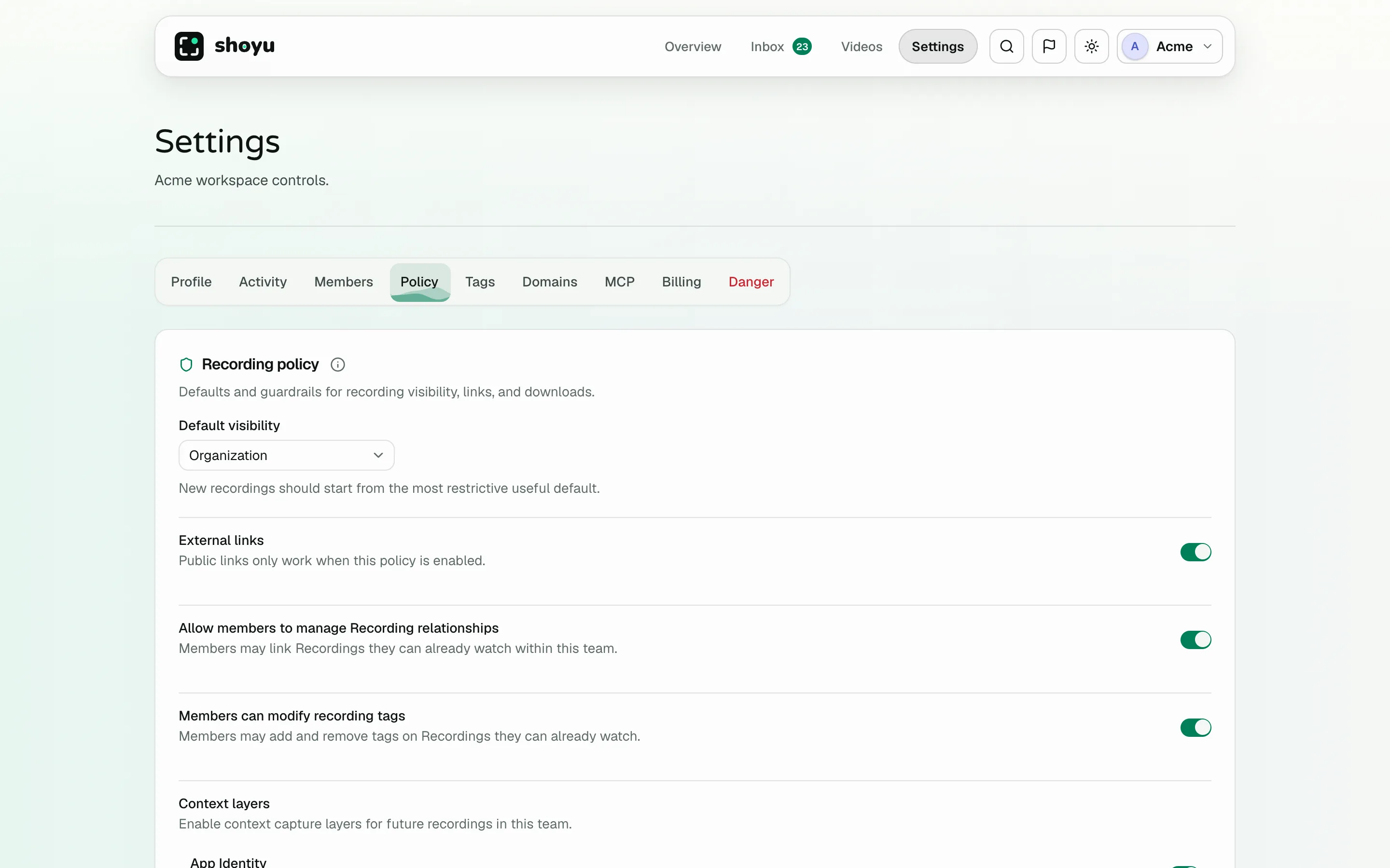 Settings › Policy with default visibility, external links, context layers and MCP Access.