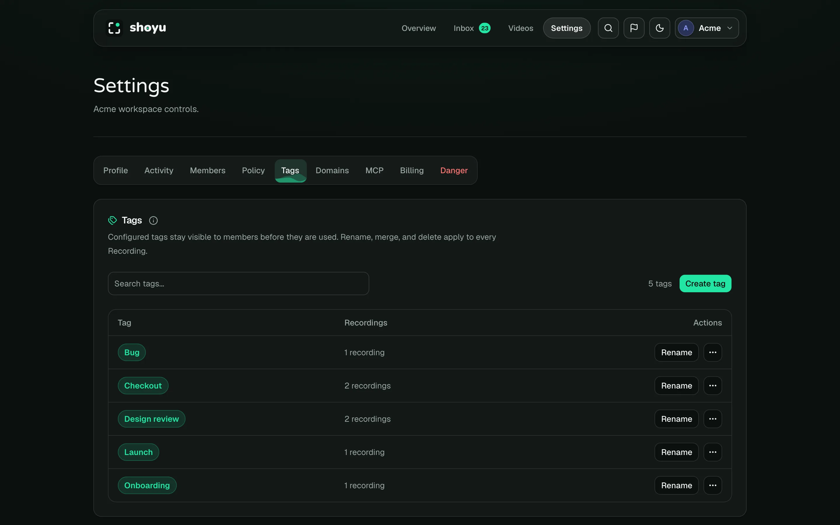 Settings › Tags with tag names, rename and merge.
