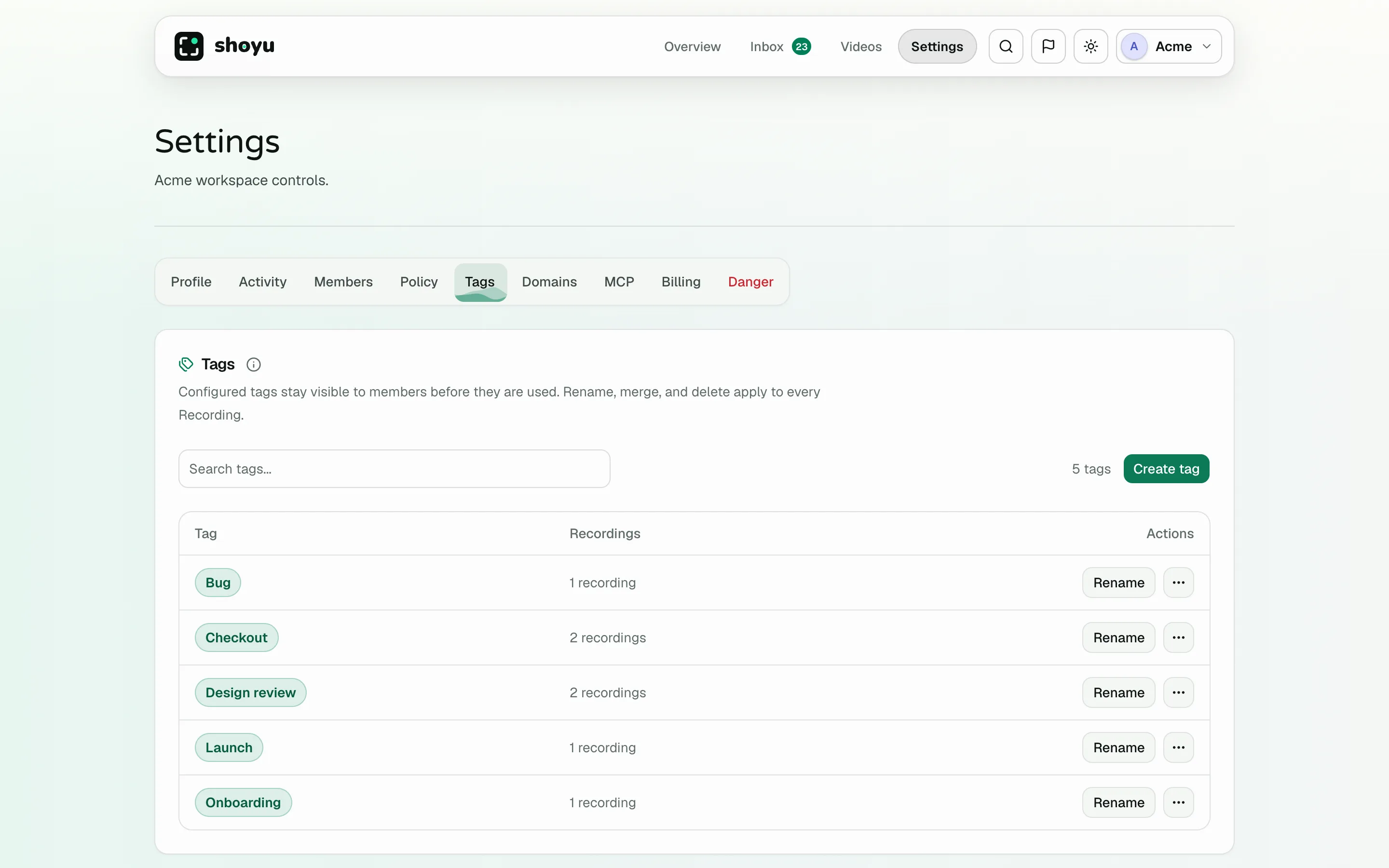 Settings › Tags with tag names, rename and merge.