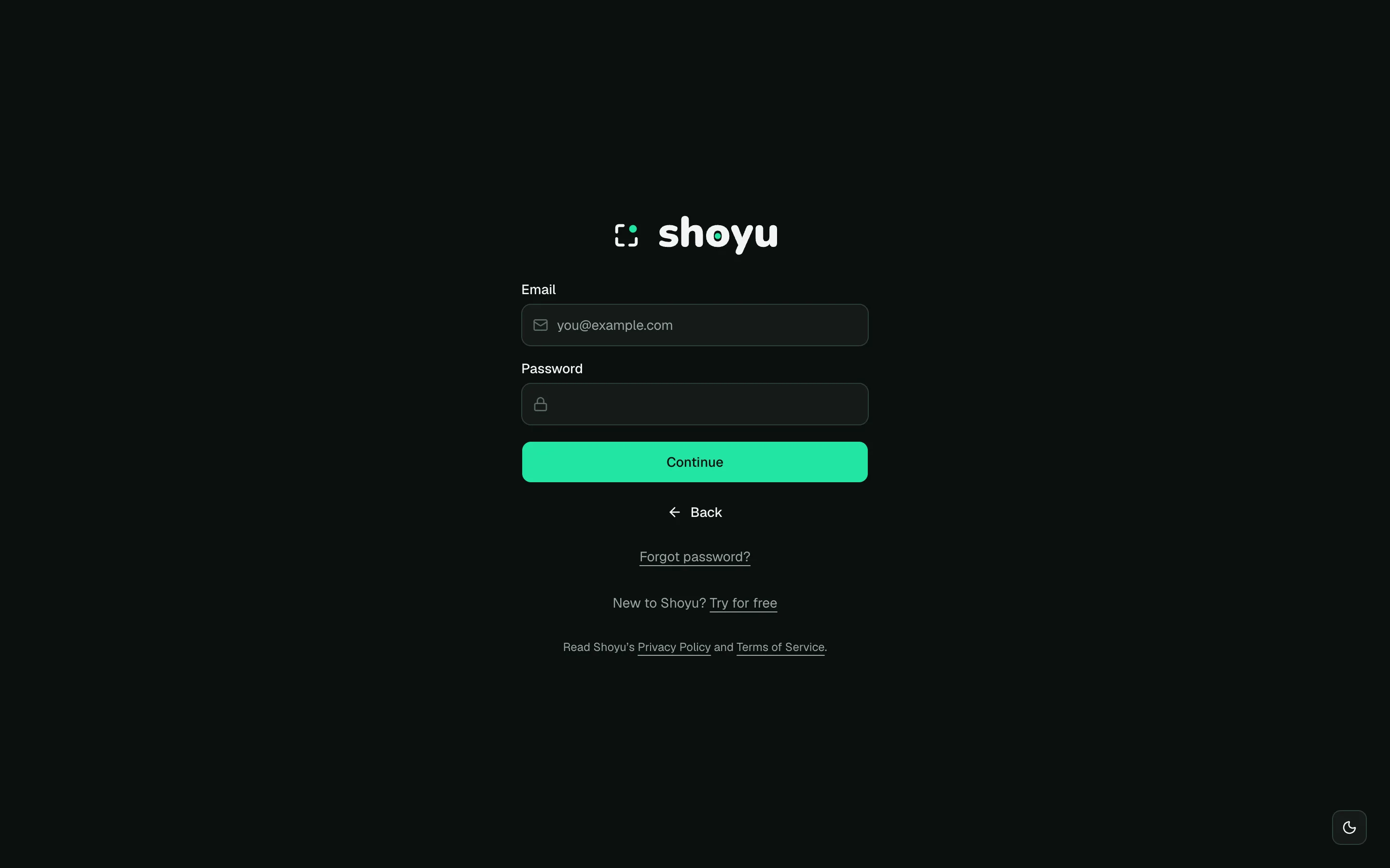 The Shoyu sign-in page with Continue with Google and Email.