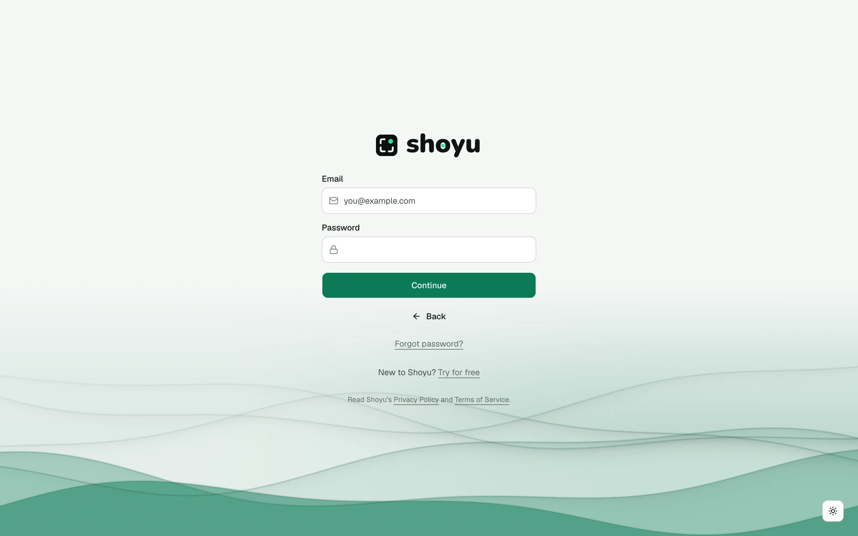 The Shoyu sign-in page with Continue with Google and Email.