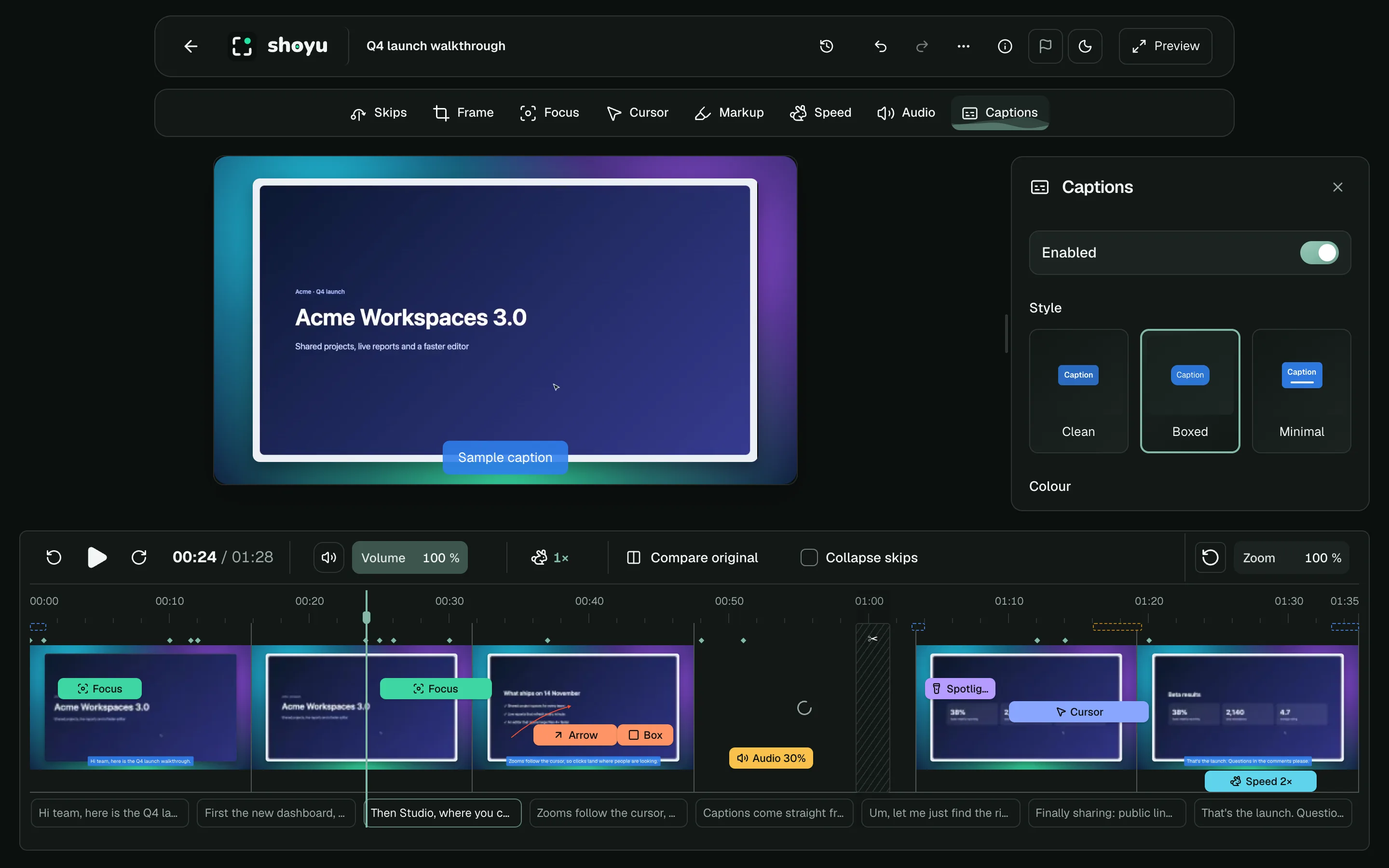 The Captions tool with style, position, size and colour.