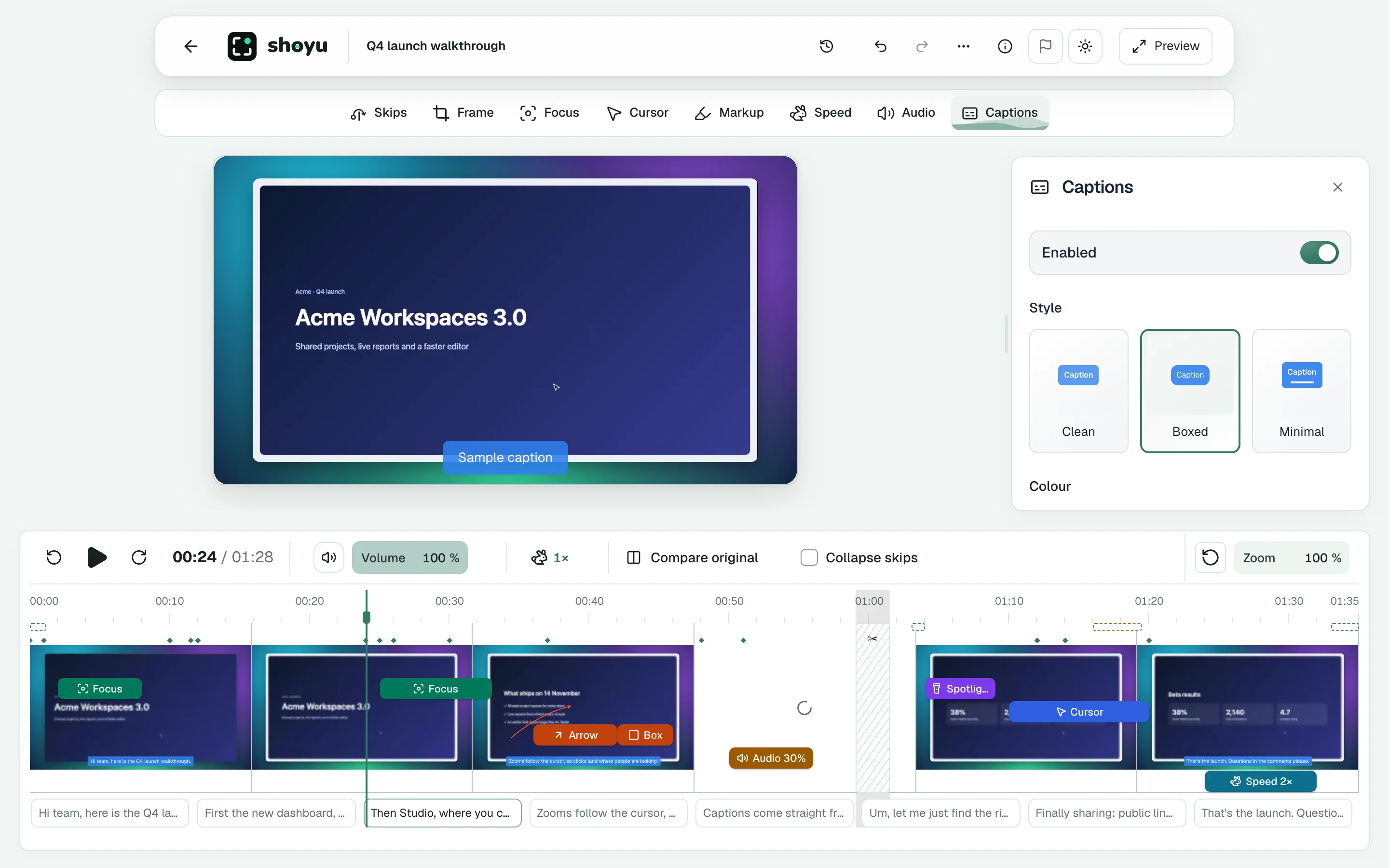 The Captions tool with style, position, size and colour.