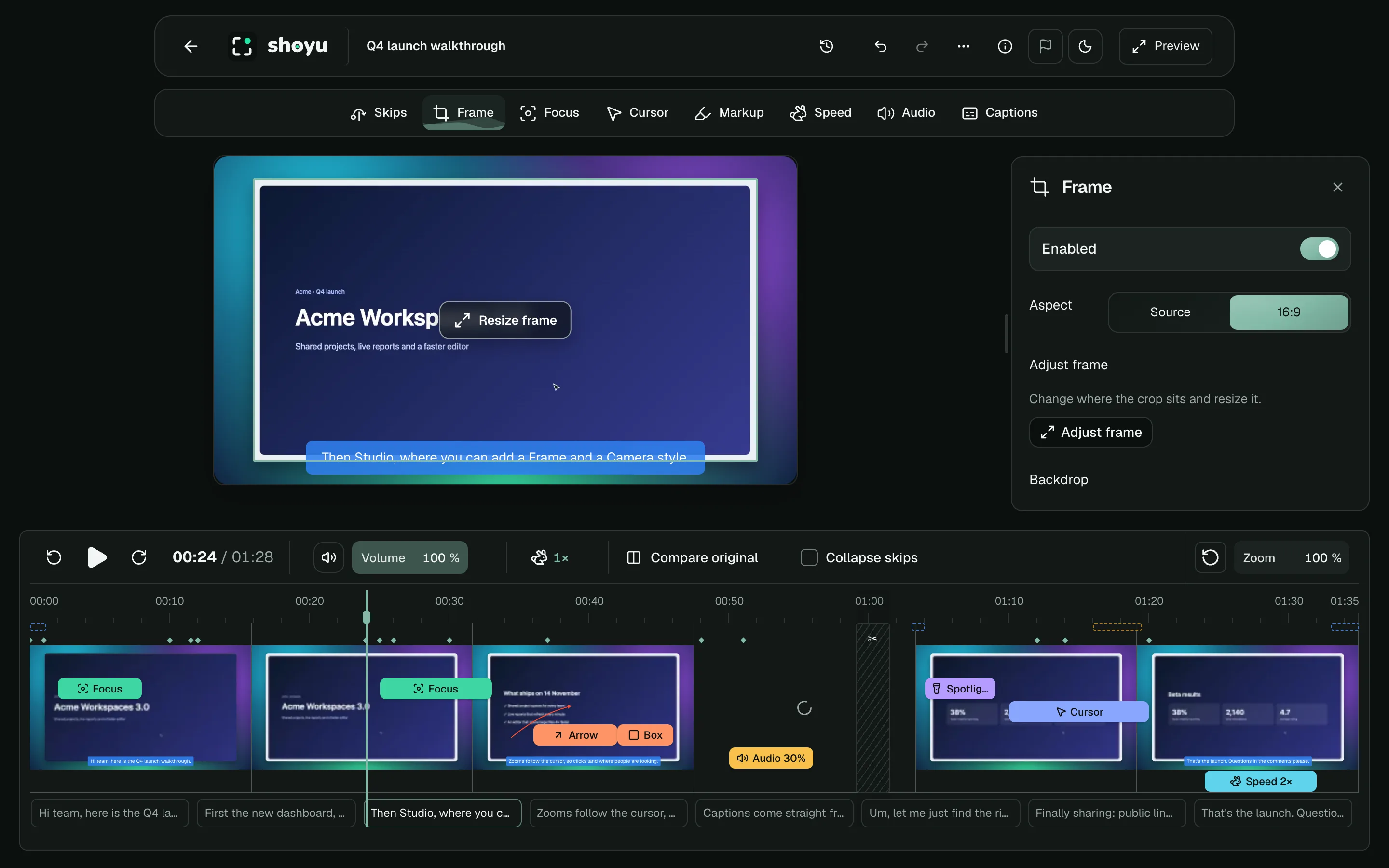 The Frame tool with backdrop, padding, corners and shadow controls.