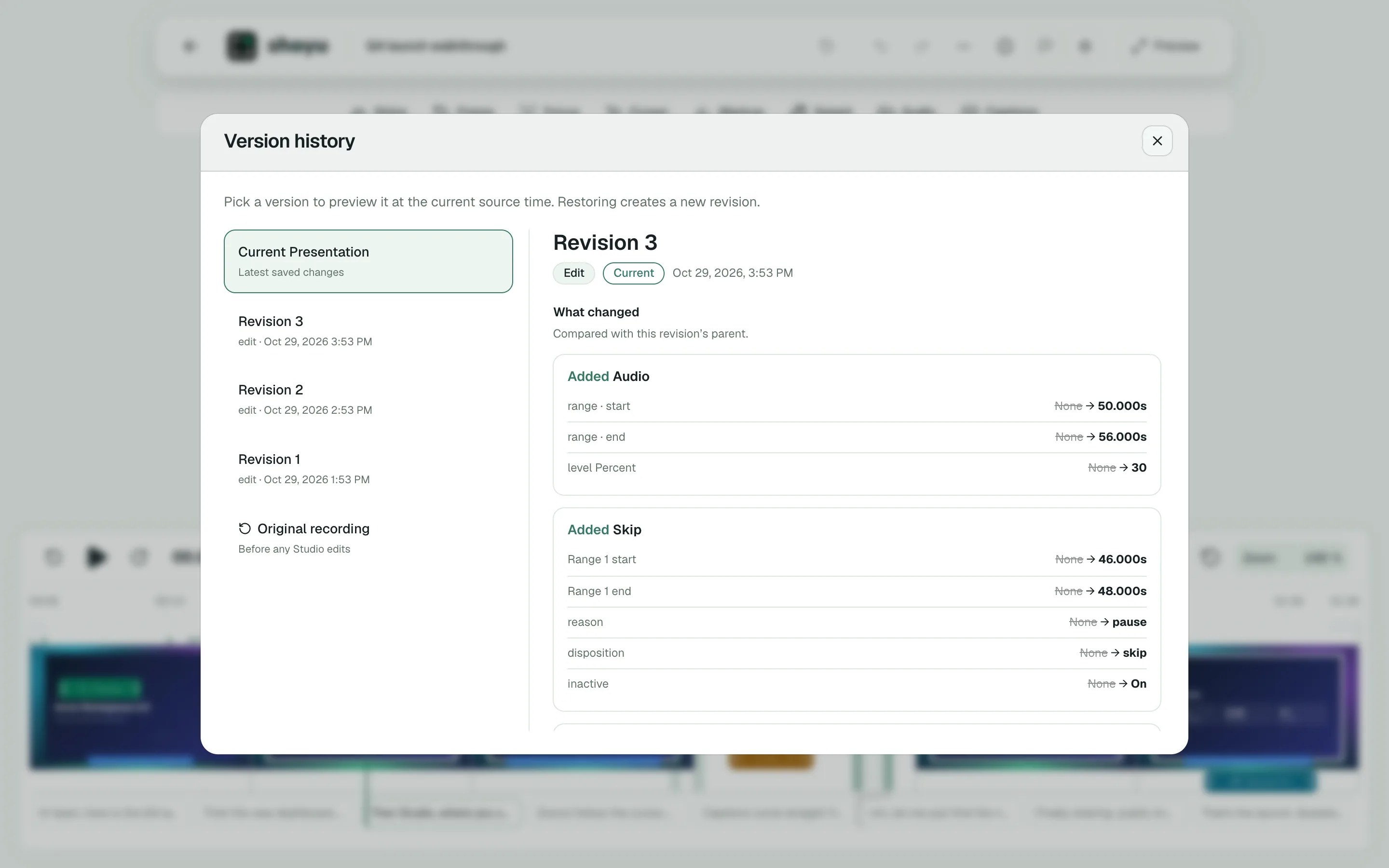 Studio’s Version history listing the current presentation, earlier revisions and the original recording.