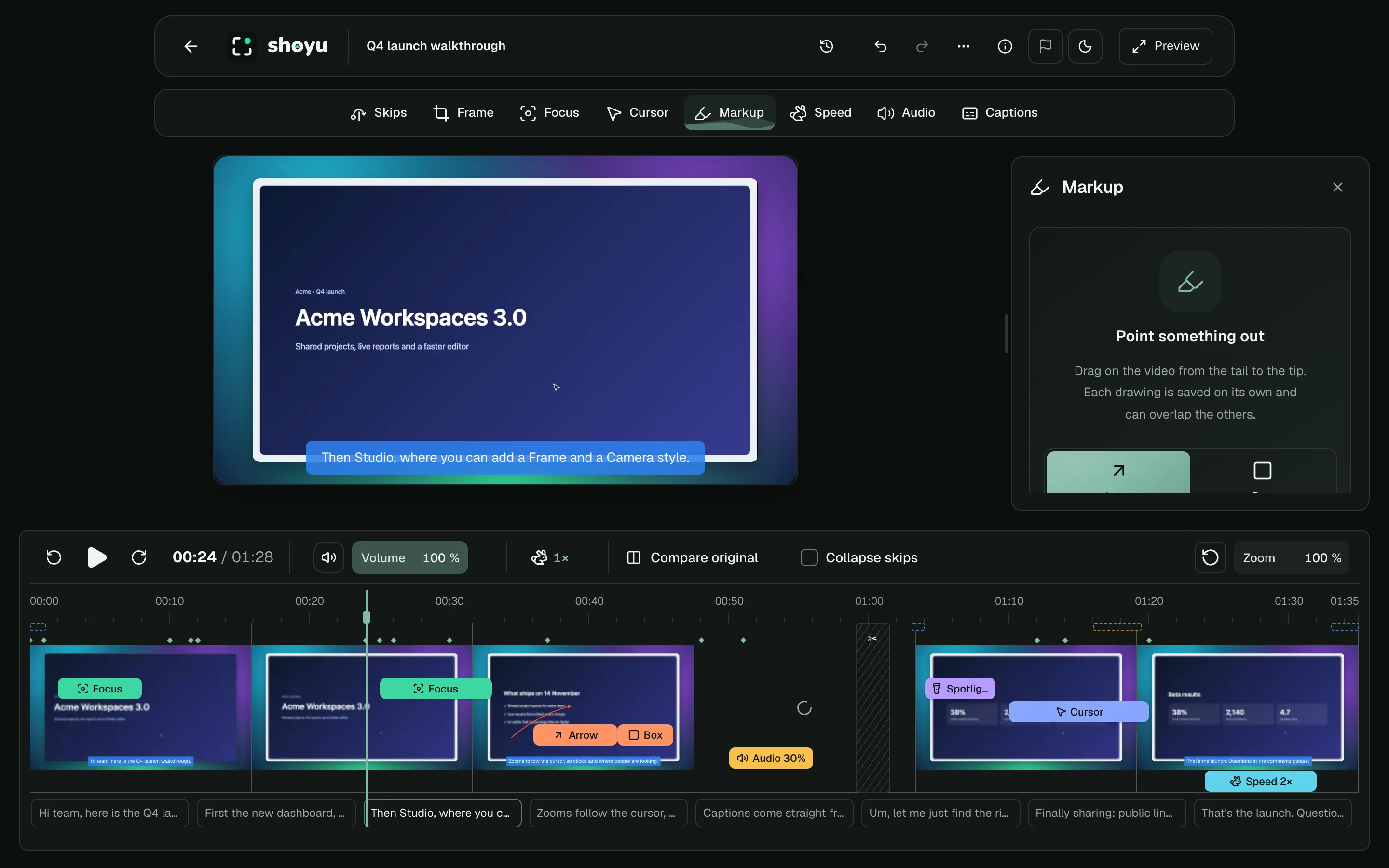 The Markup tool with Arrow and Box, colour, thickness and motion.