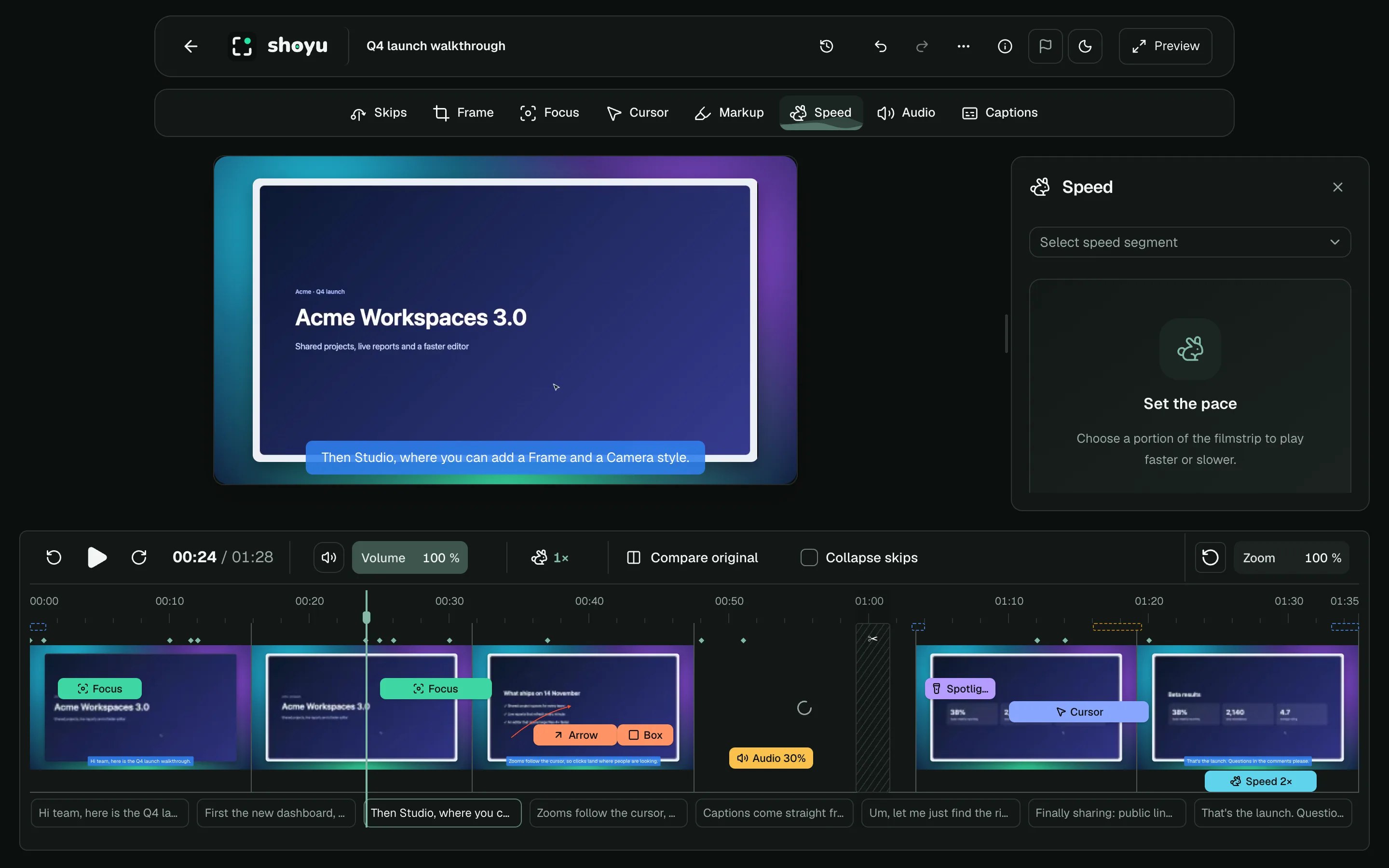 The Speed tool with presets and a speed slider.