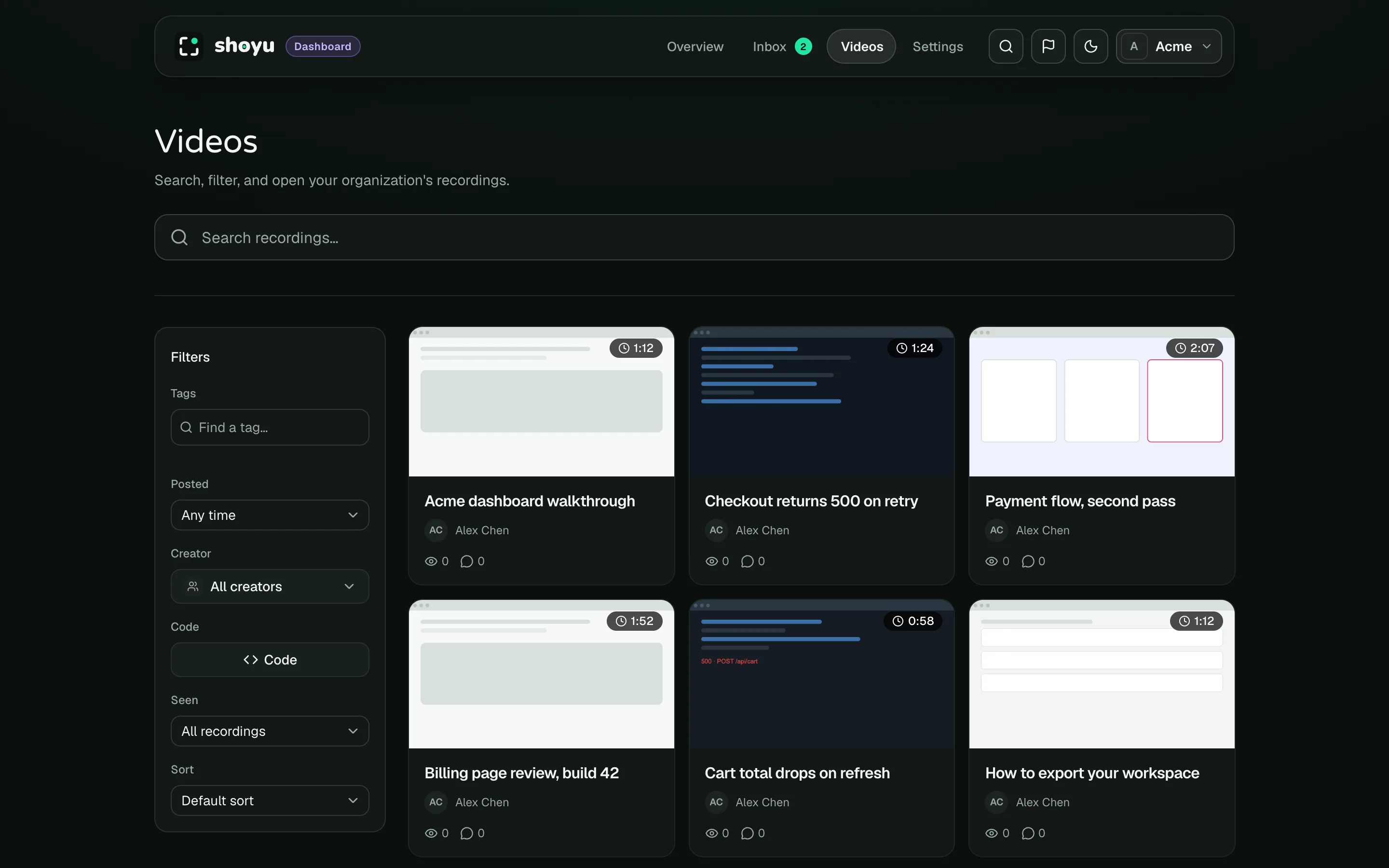 The Shoyu dashboard listing a team’s recordings with thumbnails