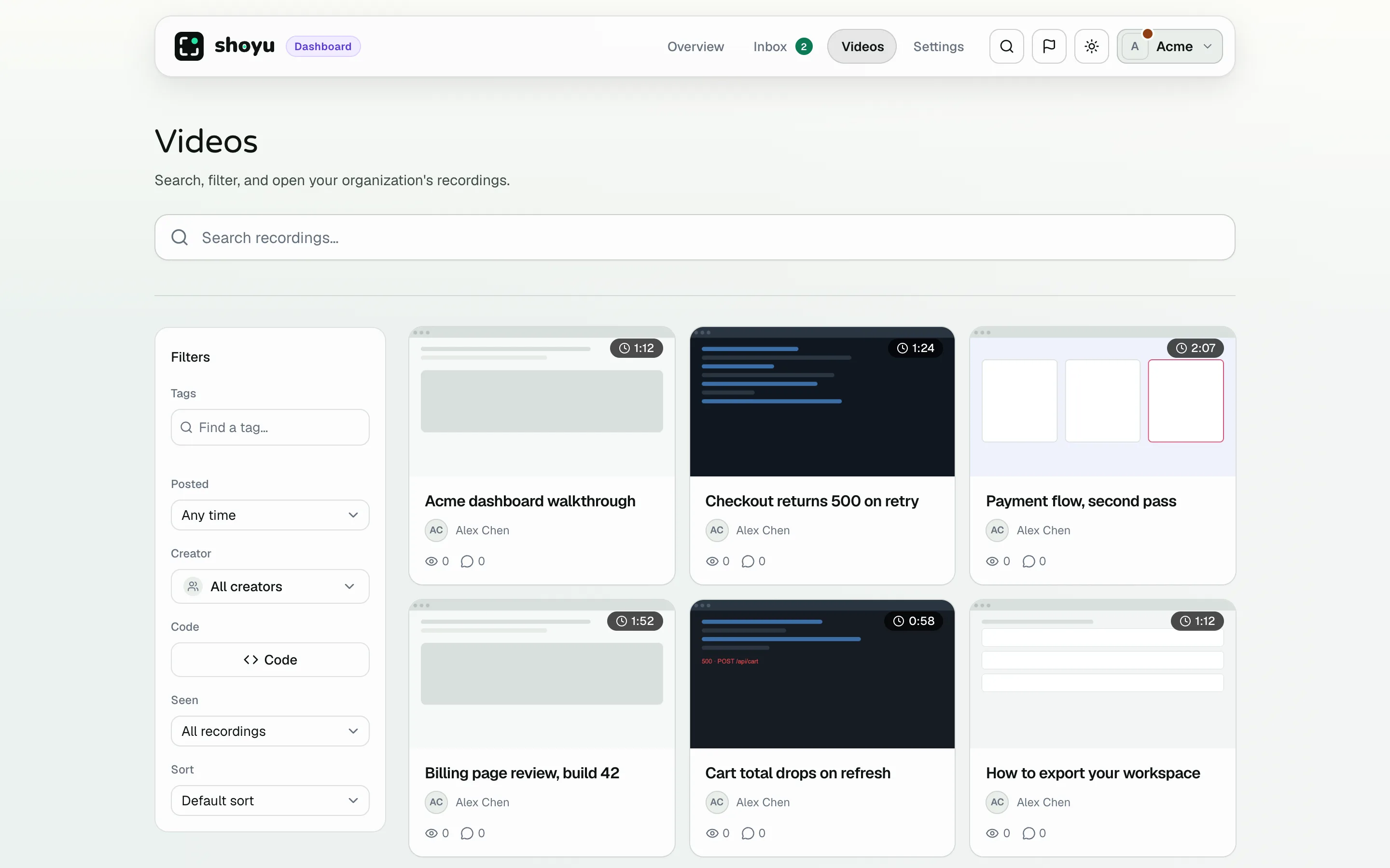 The Shoyu dashboard listing a team’s recordings with thumbnails